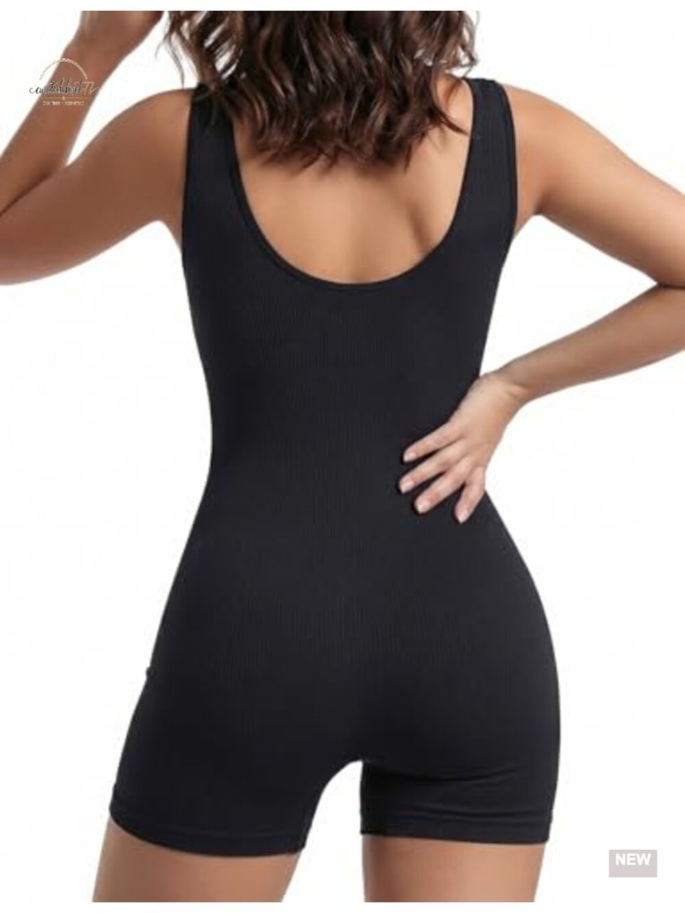 Ribbed Seamless Knit Square Neck Sleeveless Jumpsuit Yoga Romper - Picture 2 of 6